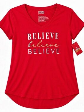 Celebrate Together Women's Celebrate Together Red Believe Holiday Tee T-Shirt
